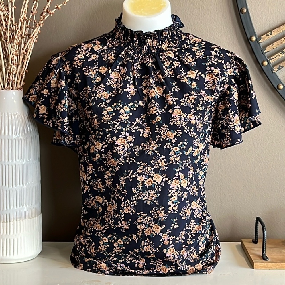 SHEIN Curve Navy Print Flutter Sleeve Stretch Smocked High Neck Top Size 4X